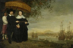 Ein leitender Kaufmann der Niederländischen Ostindien-Kompanie Jacob Mathieusen und seine Frau in Batavia, wo Schiffe der Niederländischen Ostindien-Kompanie sich auf die Heimreise vorbereiten, ca. 1640-60